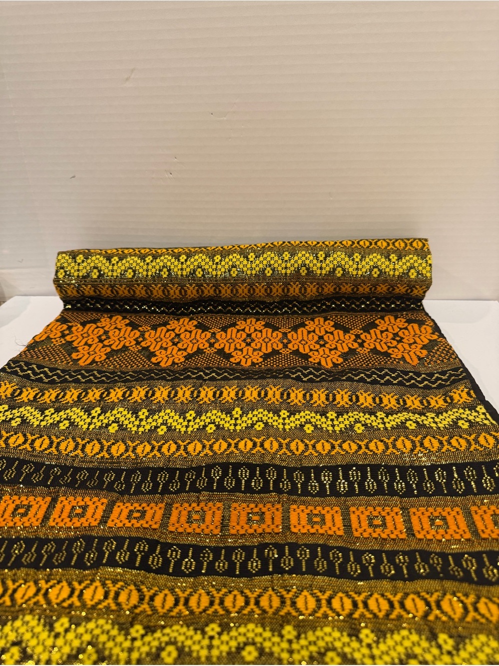 Guatemalan Handwoven Table Runner 69x16” Satin Lined Metallic Gold Brocade Mint